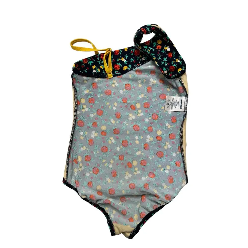 LANDS END Navy Floral Bow One Piece Girls Swim Suit Size 7 Red Yellow Strap